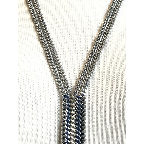 Stella & Dot Tessa Fringe Necklace Lariat Silvertone Blue Steel Chain - Picture 5 of 12